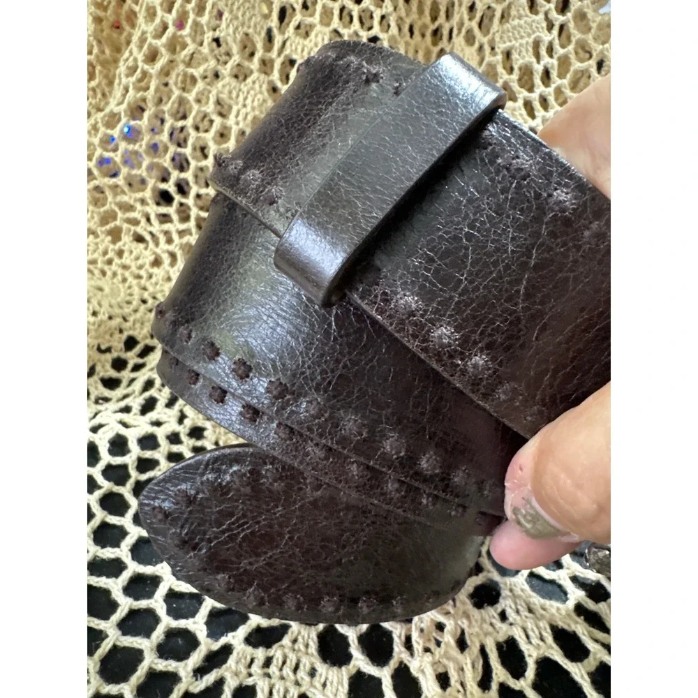 Post & Co Italy Dark Brown Leather Whipstitch Belt Silver Textured Buckle 32‎